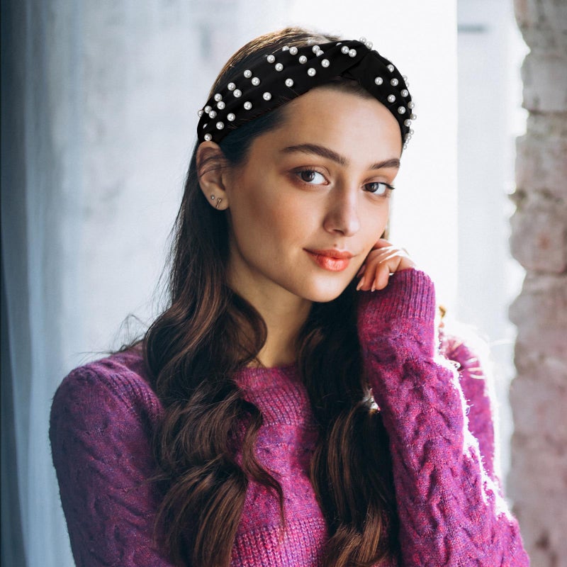 MBAIYO Pearl Knotted Hairbands for Women, Non-Slip Beaded Headband Jeweled Embellished Headband Wide Elegant Ladies Hairband Black Hair Hoop Hair Accessories with Pearls (Black) - Image 3